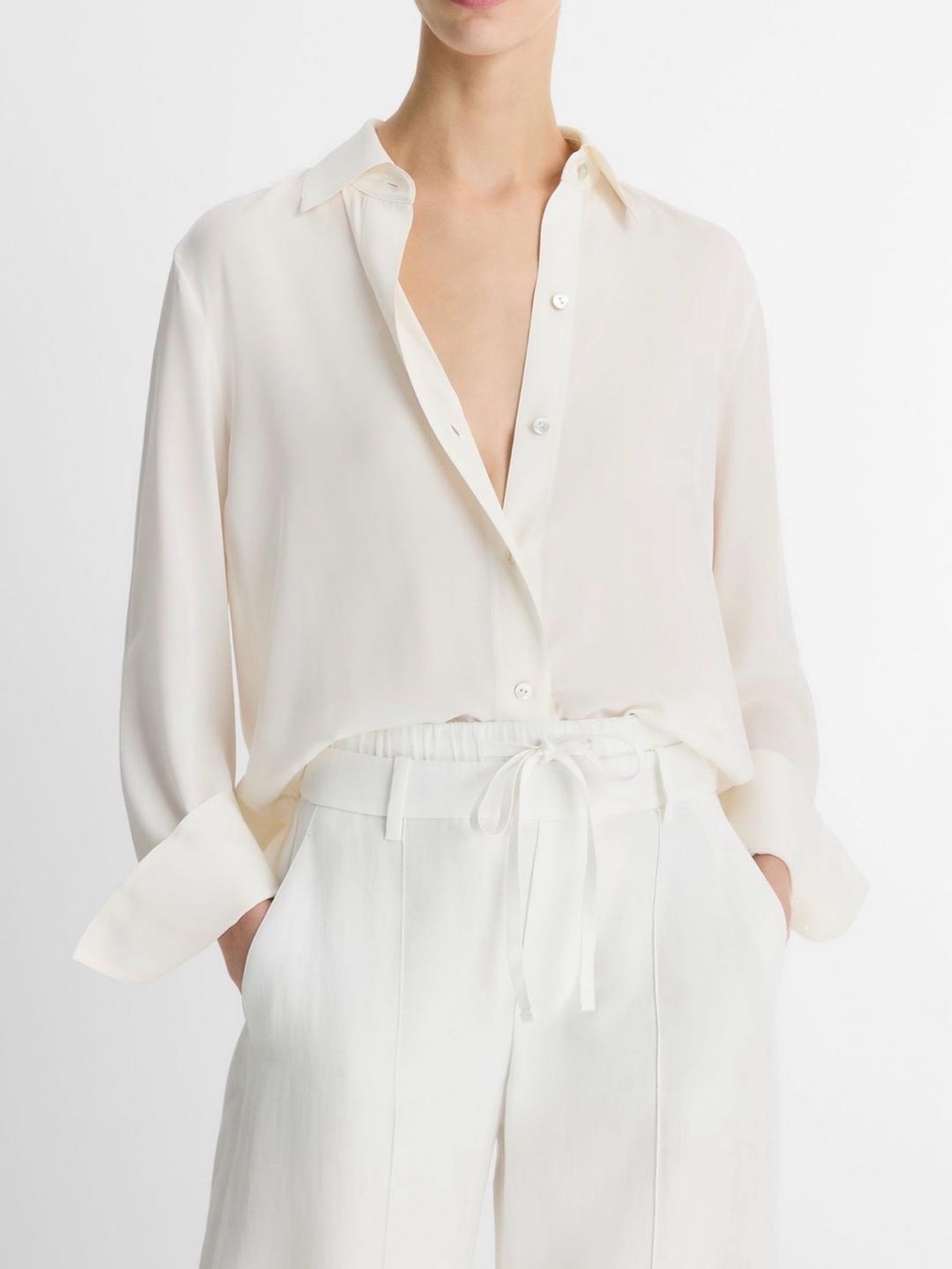 Vince Stretch Silk Button Front Blouse Ivory Long Sleeve Size M NWOT Minimalist
